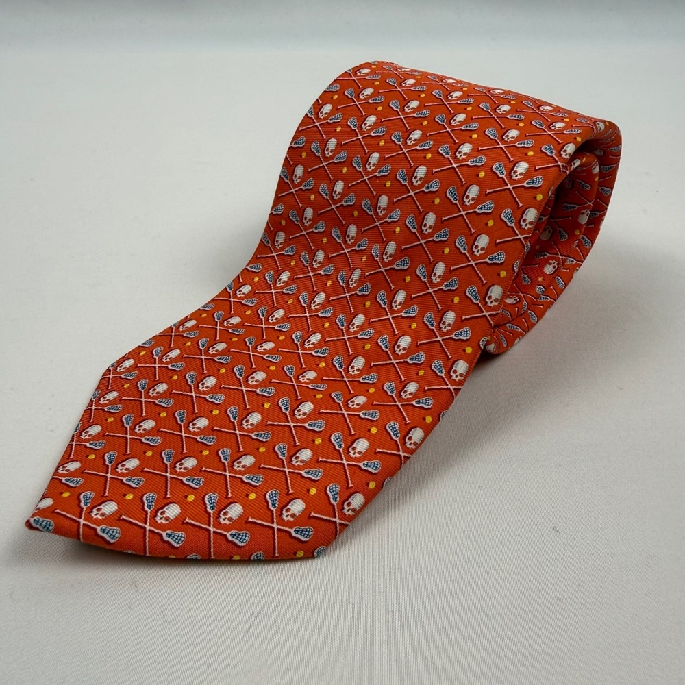 Bird Dog Bay Mens‎ Orange Lacrosse Stick Skull Print Silk Neck Tie